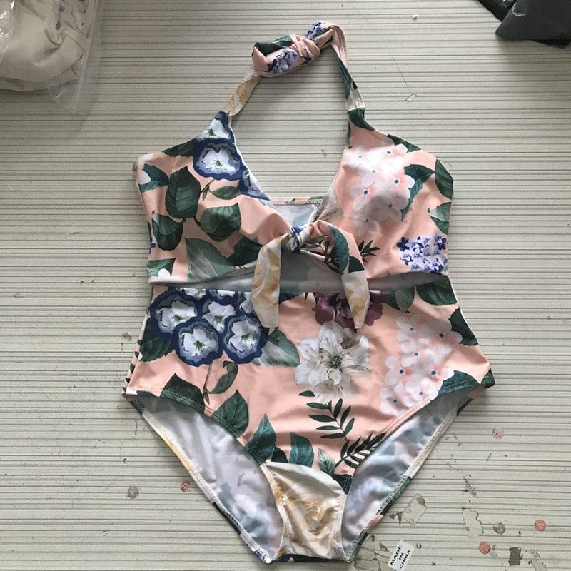 Bowknot one piece swimsuit plus size women swimwear floral halter monokini high cut maillot large sizes swimwear female swimsuit - Premium Women swimsuit from eprolo - Just $24.60! Shop now at Handbags Specialist Headquarter