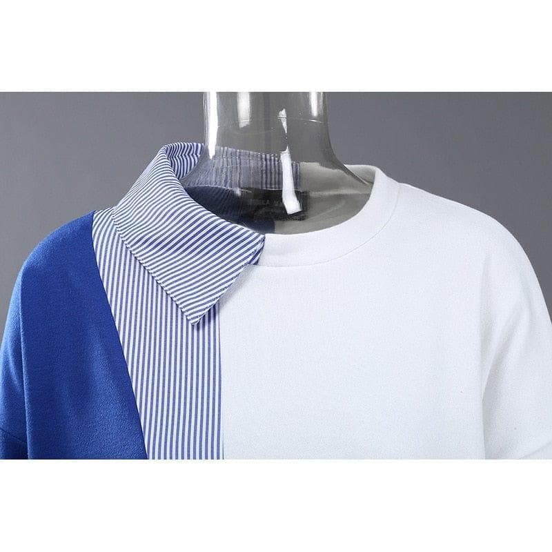 Women Asymmetrical bgi size blue T-shirt New Round Neck Short Sleeve Lapel - Premium Women's T Shirt from eprolo - Just $48.02! Shop now at Handbags Specialist Headquarter