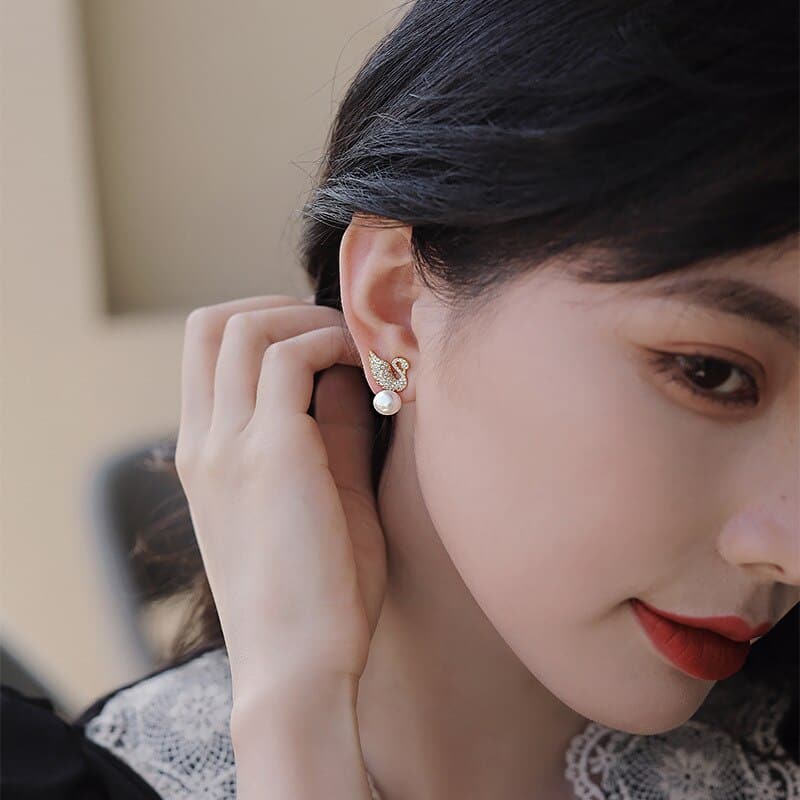 S925 Silver Needle Earrings For Women Swan Zircon Inlay Brick Ear Studs Shiny Upscale Luxury Simple Temperament Pearl Earrings - Premium Earrings from eprolo - Just $14.99! Shop now at Handbags Specialist Headquarter