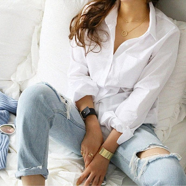 Spring One Pocket Women's Shirt Feminine Blouse Top Long Sleeve Casual White Turn-down Collar OL Style Women Loose Blouses - Premium Women's T Shirt from eprolo - Just $29.99! Shop now at Handbags Specialist Headquarter