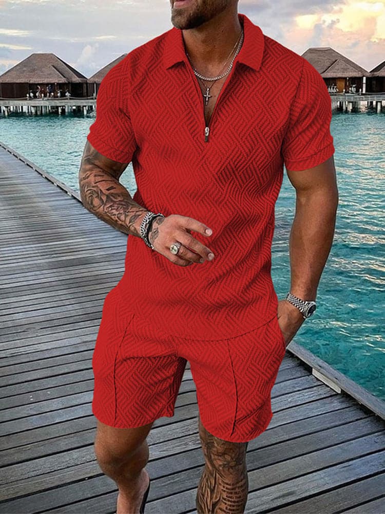 Men's New Casual Color Contrast POLO Zip Lapel Shirt Short Sleeve Suit - Premium  from eprolo - Just $29.99! Shop now at Handbags Specialist Headquarter