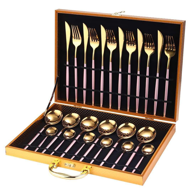 24pcs Gold Dinnerware Set Stainless Steel Tableware Set Knife Fork Spoon Luxury Cutlery Set Gift Box - Handbags Specialist Headquarter