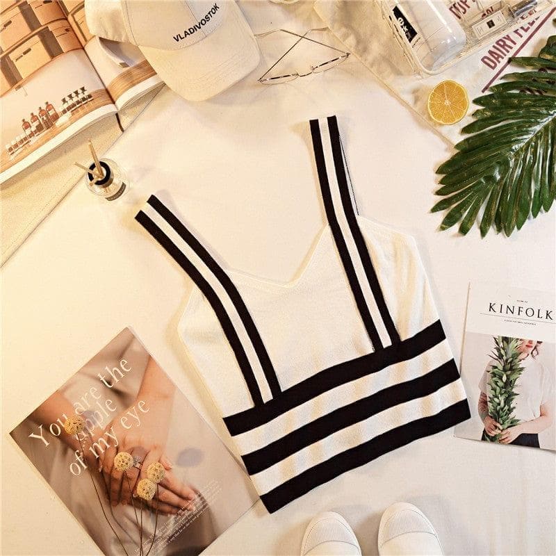 Summer Women Fashion Knitting Stripe Tank Crop Tops Female Knitted Stretchy Cropped Camisole Sleeveless Short T shirts - Premium  from eprolo - Just $16.89! Shop now at Handbags Specialist Headquarter