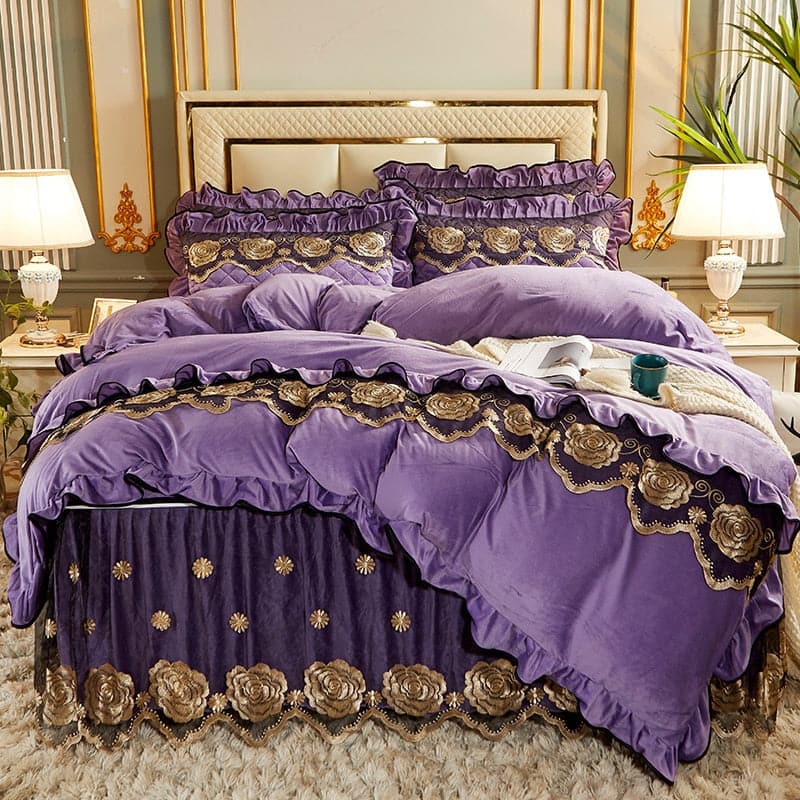 Luxury Vintage Wedding Gold Rose Lace Embroidery Crystal Velvet Bedding Set Duvet Cover Quilted Bed Skirt Bedspread Pillowcases - Premium  from eprolo - Just $161.53! Shop now at Handbags Specialist Headquarter