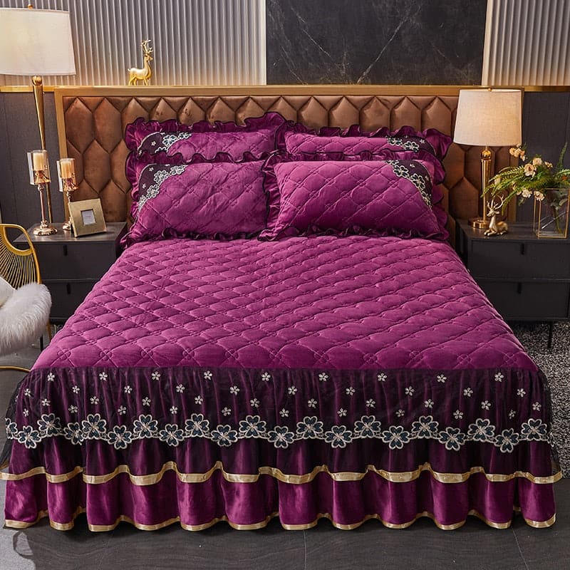 Luxury Super Soft Crystal Velvet Fleece Lace Ruffles Quilted Bed Skirt Mattress Cover Bedspread Pillowcase Bedding Home Textiles