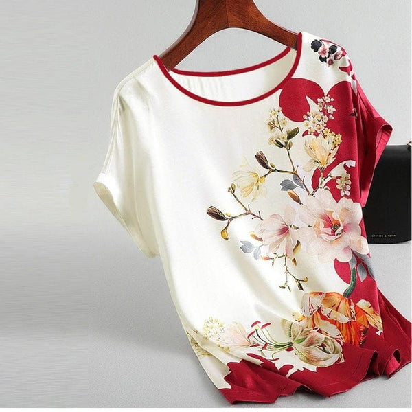Women Silk Satin Blouses Plus size Batwing sleeve Vintage Print Floral Blouse Ladies Casual Short sleeve Tops - Premium Women's T Shirt from eprolo - Just $16.80! Shop now at Handbags Specialist Headquarter