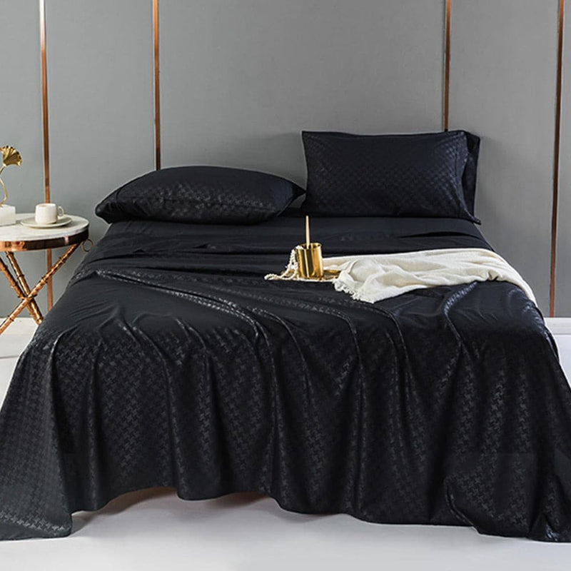 Bed Sheet Set Queen King Size Flat Sheet Fitted Sheet Pillow Case Black Embossing Linens for Bed Breathable Bedding Set - Premium Sheets Set from eprolo - Just $38.99! Shop now at Handbags Specialist Headquarter