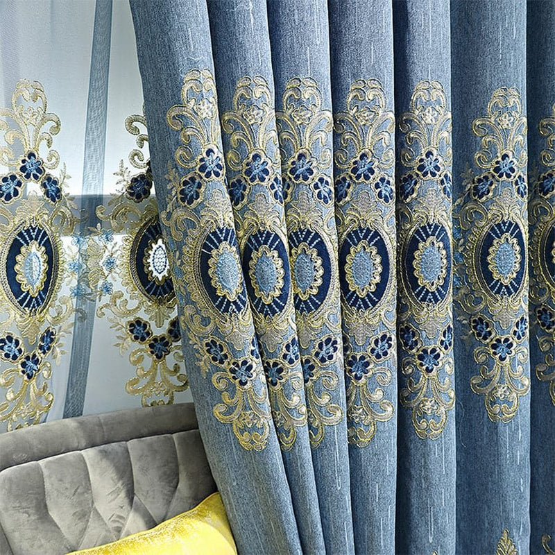European Blue Thick Chenille Embroidered Bedroom Curtains Elegant Luxurious Delicate Thermal Insulated Curtain for Living Room - Premium Curtains from eprolo - Just $50.37! Shop now at Handbags Specialist Headquarter