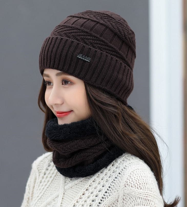 Women Wool Knitted Hat Ski Hat Sets Windproof Winter Outdoor Knit Thick Siamese Scarf Collar Warm Keep Face Warmer Beanies Hat