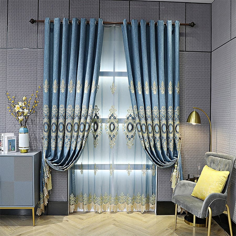European Blue Thick Chenille Embroidered Bedroom Curtains Elegant Luxurious Delicate Thermal Insulated Curtain for Living Room - Premium Curtains from eprolo - Just $50.37! Shop now at Handbags Specialist Headquarter