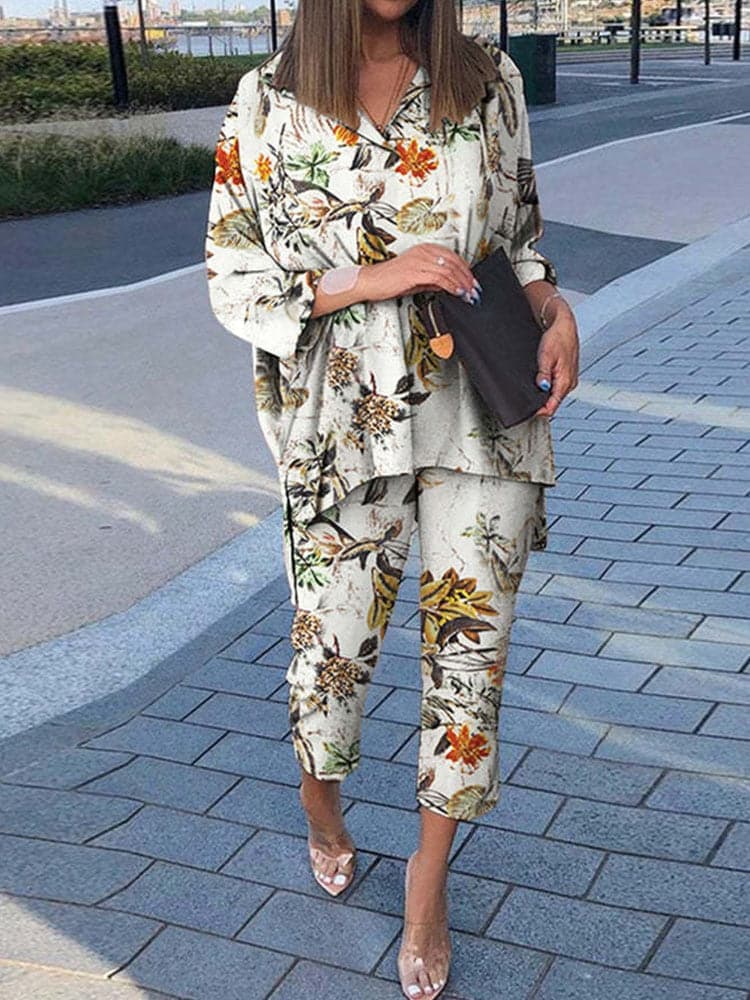 Long Sleeve Shirt and Wide Leg Pants Suits Casual Graphic Print Loose Two Piece Set Women Irregular Shirts Outfits