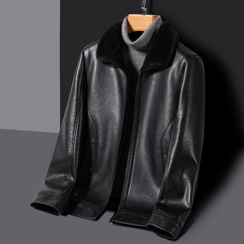Haining Autumn and Winter New Leather Coat Lapel Lapel with Velvet Thickened Casual Motorcycle Jacket Fur Integrated Men's Coat