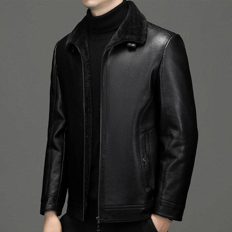 Haining Autumn and Winter New Leather Coat Lapel Lapel with Velvet Thickened Casual Motorcycle Jacket Fur Integrated Men's Coat