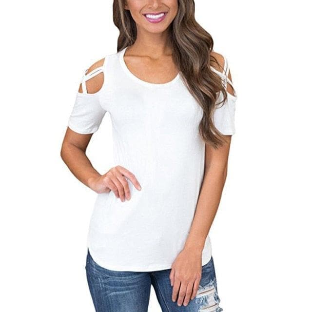Women Loose Strappy Cold Shoulder Tops Basic T-Shirts - Premium Women's T Shirt from eprolo - Just $29.99! Shop now at Handbags Specialist Headquarter