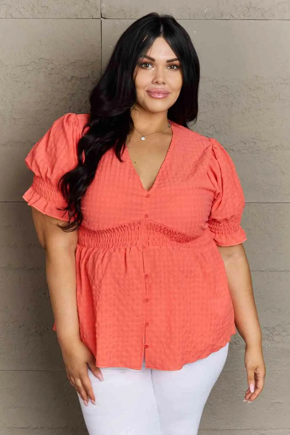 Culture Code Whimsical Wonders Full Size V-Neck Puff Sleeve Button Down Top.