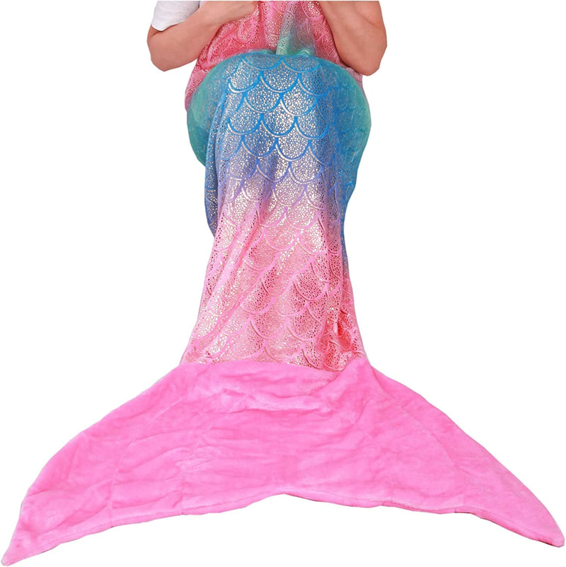Adult Mermaid Tail Blanket, Ladies Mermaid Blanket, Adults Girls Mermaid Tail Blanket with Rainbow Ombre Glittering Fish Scale Design, Flannel Fleece Soft Mermaid Gifts for Women - 25" × 60" - Handbags Specialist Headquarter
