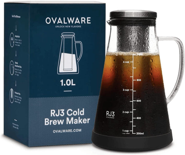 Airtight Cold Brew Iced Coffee Maker and Tea Infuser with Spout - 1.0L / 34Oz Ovalware RJ3 Brewing Glass Carafe with Removable Stainless Steel Filter - Premium  from ovalware - Just $61.03! Shop now at Handbags Specialist Headquarter