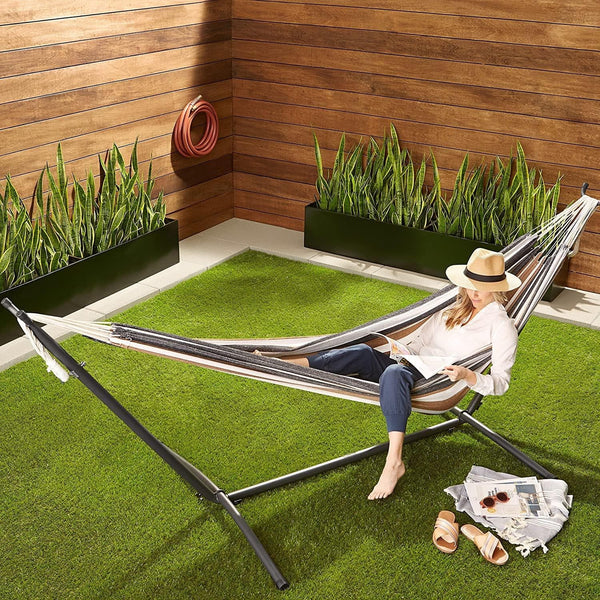 Amazon Basics Double Hammock with 9-Foot Space Saving Steel Stand and Carrying Case, Multi Color, 400 lb Capacity - Premium HAMMOCK from Visit the Amazon Basics Store - Just $113.99! Shop now at Handbags Specialist Headquarter