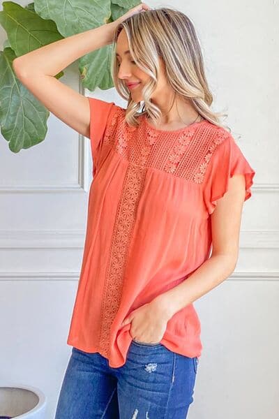 And The Why Lace Detail Ruffle Short Sleeve Blouse - Premium T-SHIRTS from Trendsi - Just $34.04! Shop now at Handbags Specialist Headquarter
