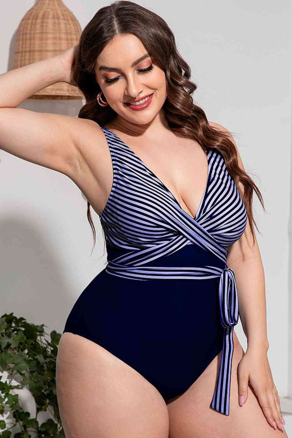Plus Size Striped Tie-Waist One-Piece Swimsuit - Premium Dresses from Trendsi - Just $29! Shop now at Handbags Specialist Headquarter