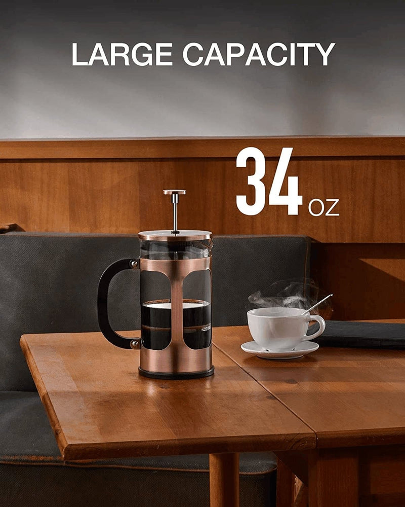 BAYKA French Press Coffee Maker, Glass Classic Copper 304 Stainless Steel Coffee Press, Cold Brew Heat Resistant Thickened Borosilicate Coffee Pot for Camping Travel Gifts, 34 Ounce - Premium  from BAYKA - Just $45.98! Shop now at Handbags Specialist Headquarter