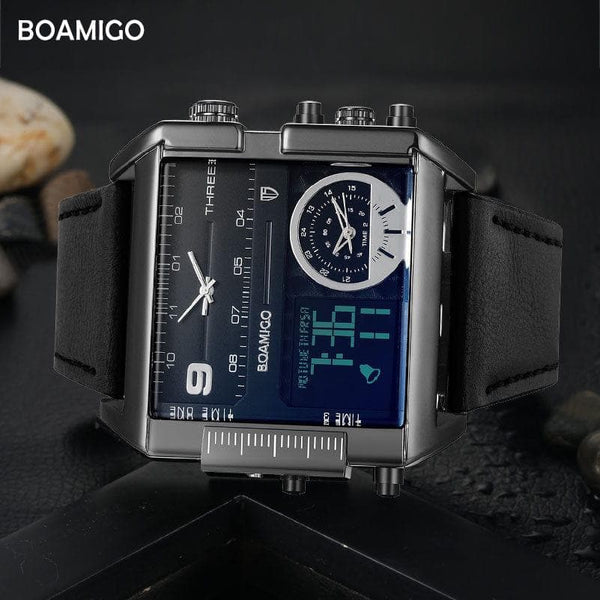 BOAMIGO Brand Men Sports Watches 3 Time Zone Big Man Fashion Military LED Watch Leather Quartz Wristwatches Relogio Masculino - Premium Men watch from eprolo - Just $40.28! Shop now at Handbags Specialist Headquarter