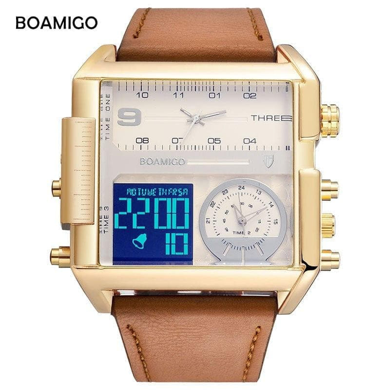 BOAMIGO Brand Men Sports Watches Man Military chronograph digital Watch Leather Rectangle Quartz Wristwatches - Premium Men watch from eprolo - Just $40.28! Shop now at Handbags Specialist Headquarter