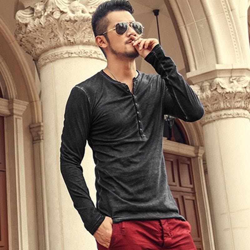 Brand Designer Men Cotton Vintage Henry T Shirts Casual Long Sleeve High quality Men old color Cardigan T shirt - Premium MEN T-SHIRT from eprolo - Just $33.74! Shop now at Handbags Specialist Headquarter