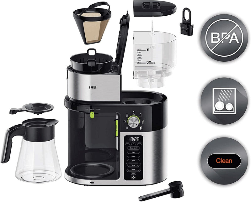 Braun Multiserve Coffee Machine 7 Programmable Brew Sizes / 3 Strengths + Iced Coffee & Hot Water for Tea, Glass Carafe (10-Cup), Stainless/Black, KF9150BK - Premium  from Braun - Just $194.24! Shop now at Handbags Specialist Headquarter