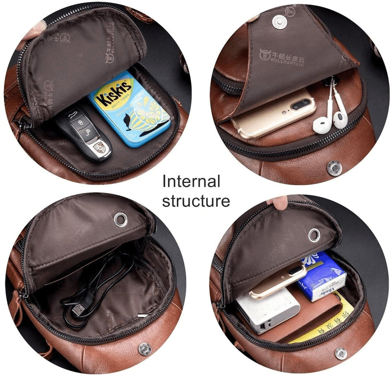 BULLCAPTAIN Leather Men Sling Bags Travel Crossbody Chest Bag Hiking Daypack with USB Charging Port Multi-Pocket - Premium  from BULLCAPTAIN - Just $67.59! Shop now at Handbags Specialist Headquarter