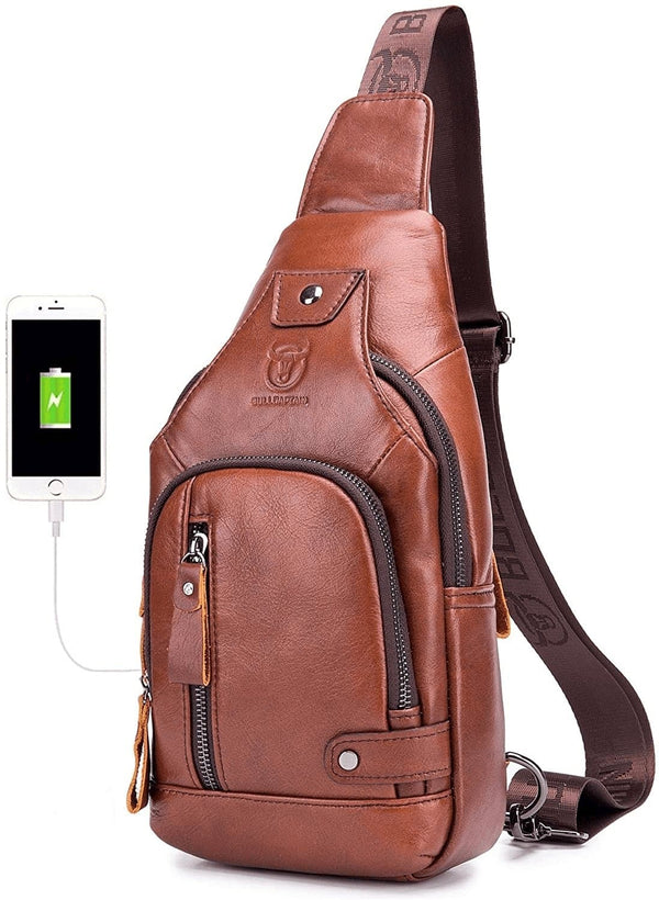 BULLCAPTAIN Leather Men Sling Bags Travel Crossbody Chest Bag Hiking Daypack with USB Charging Port Multi-Pocket - Premium  from BULLCAPTAIN - Just $67.59! Shop now at Handbags Specialist Headquarter
