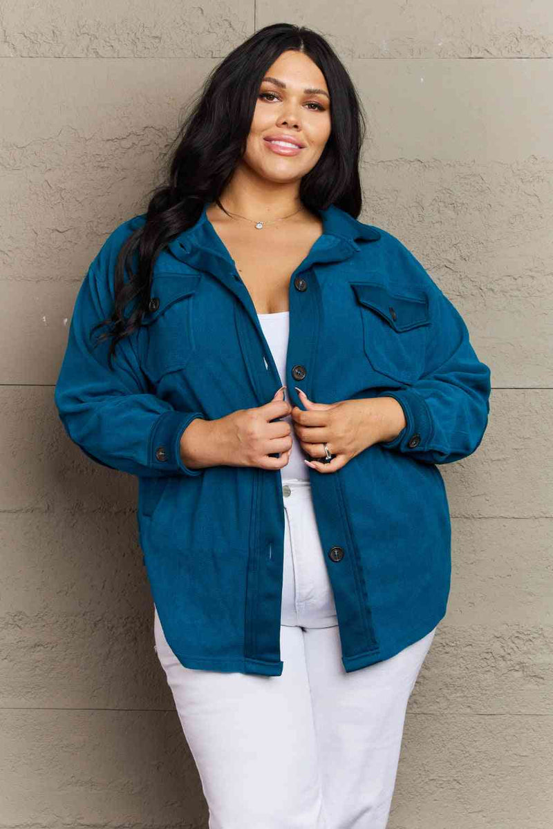 Zenana Cozy in the Cabin Full Size Fleece Elbow Patch Shacket in Teal - Premium Dresses from Trendsi - Just $45! Shop now at Handbags Specialist Headquarter