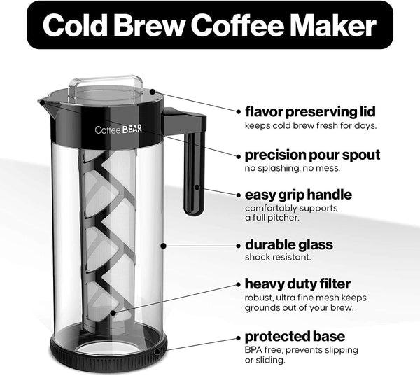 Coffee Bear – Cold Brew Coffee Maker and Tea Brewer, Borosilicate Glass Pitcher with Mesh Filter, 1.3L (44Oz) - Premium  from COFFEE BEAR - Just $48.26! Shop now at Handbags Specialist Headquarter