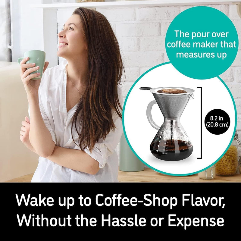 Coffee Gator Pour Over Coffee Maker - 27 oz Paperless, Portable, Drip Coffee Brewer Pour Over Set w/ Glass Carafe & Stainless-Steel Mesh Filter, Clear - Handbags Specialist Headquarter