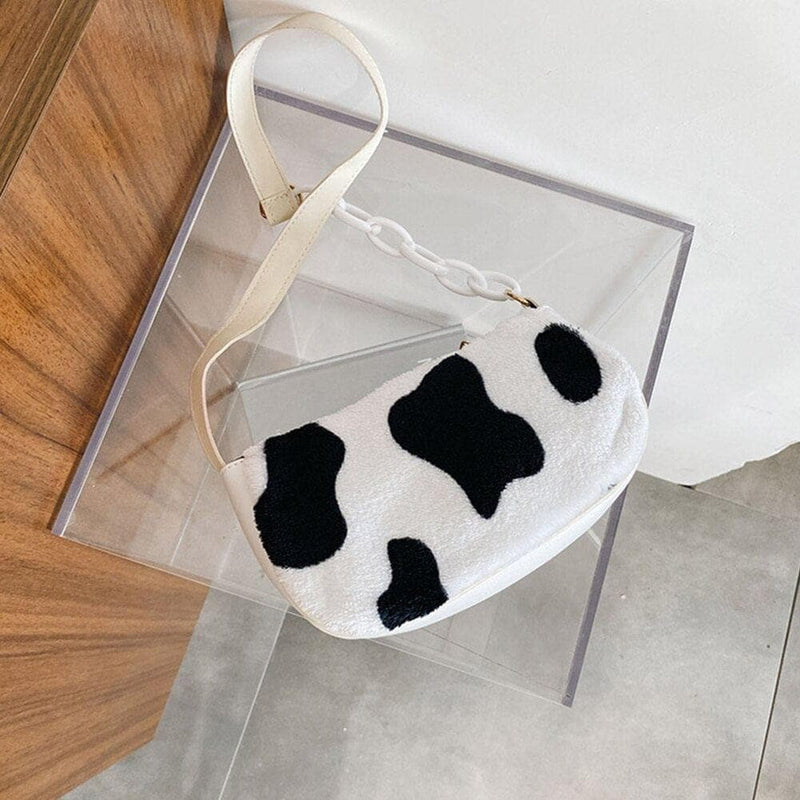 Cow Milk Print Handbag Totes Women Plush PU Leather Chain - Premium WOMEN'S Handbags from eprolo - Just $28.06! Shop now at Handbags Specialist Headquarter