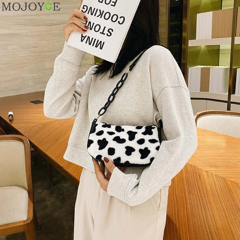 Cow Milk Print Handbag Totes Women Plush PU Leather Chain - Handbags Specialist Headquarter