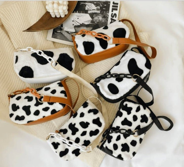 Cow Milk Print Handbag Totes Women Plush PU Leather Chain - Handbags Specialist Headquarter