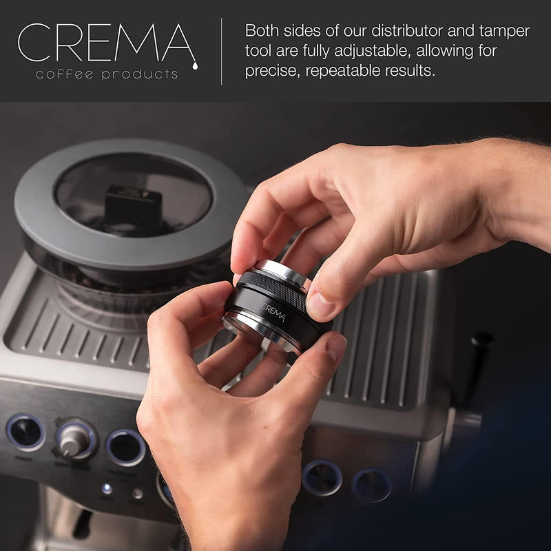 Crema Coffee Products | 53.3mm Coffee Distributor/Leveler & Hand Tamper | Fits 54mm Breville Portafilters | Double Sided, Adjustable Depth | Beautiful Espresso Hand Tampers - Handbags Specialist Headquarter