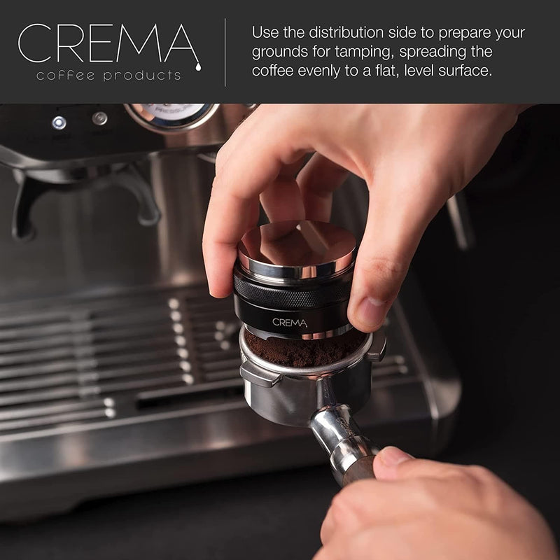 Crema Coffee Products | 53.3mm Coffee Distributor/Leveler & Hand Tamper | Fits 54mm Breville Portafilters | Double Sided, Adjustable Depth | Beautiful Espresso Hand Tampers - Handbags Specialist Headquarter