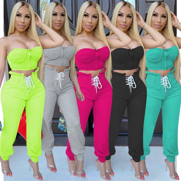 Cutubly 2020 Sexy Solid Two Piece Set Strapless Zipper Crop Top+High Waist Trousers Women Sets Streetwear Two Piece Sets - Premium Women Suit from eprolo - Just $34.60! Shop now at Handbags Specialist Headquarter