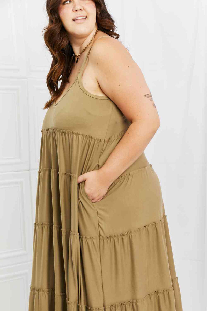 Zenana Full Size Spaghetti Strap Tiered Dress with Pockets in Khaki - Premium Dresses from Trendsi - Just $30! Shop now at Handbags Specialist Headquarter