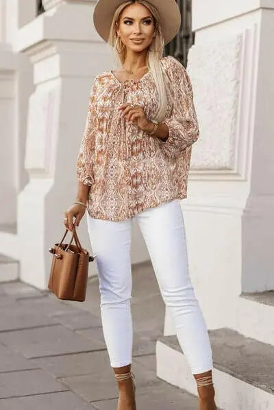 Printed Boat Neck Balloon Sleeve Blouse.