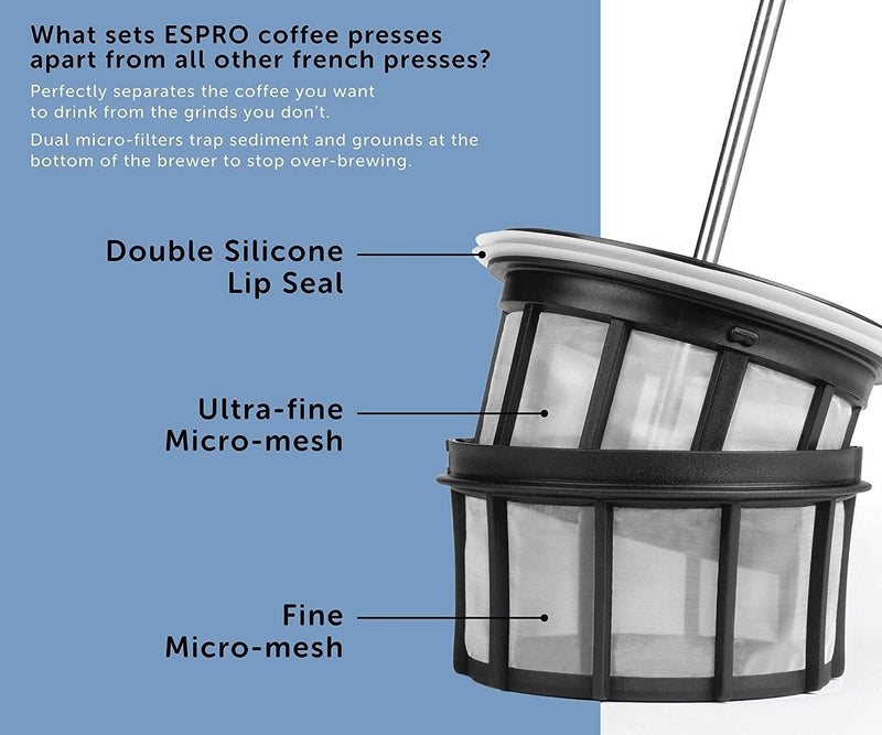 ESPRO P5 French Press - Double Micro-Filtered Coffee and Tea Maker, 32 Ounce, Polished Stainless Steel