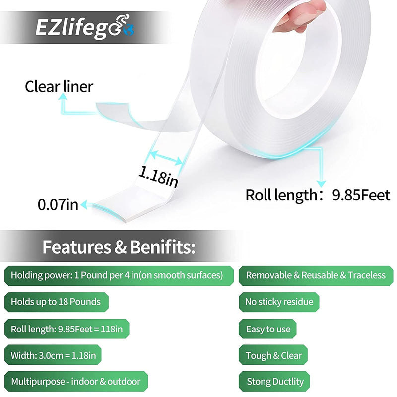 EZlifego Double Sided Tape Heavy Duty, Multipurpose Removable Clear & Tough Mounting Tape Sticky Adhesive, Reusable Strong Wall Tape Picture Hanging Strips Poster Carpet Tape (Extra Large 9.85FT) - Premium Tape from . - Just $17.99! Shop now at Handbags Specialist Headquarter