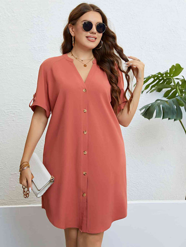 Plus Size Buttoned Notched Neck Shift Dress - Premium Dresses from Trendsi - Just $29! Shop now at Handbags Specialist Headquarter