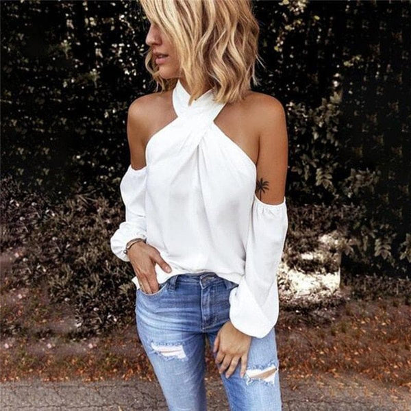Fashion Solid Color Halter Neck Strapless T-Shirt Casual Sexy Long Sleeve Women T Shirts Lady Elegant Top Party Tee Shirt - Premium Women's T Shirt from eprolo - Just $19.99! Shop now at Handbags Specialist Headquarter