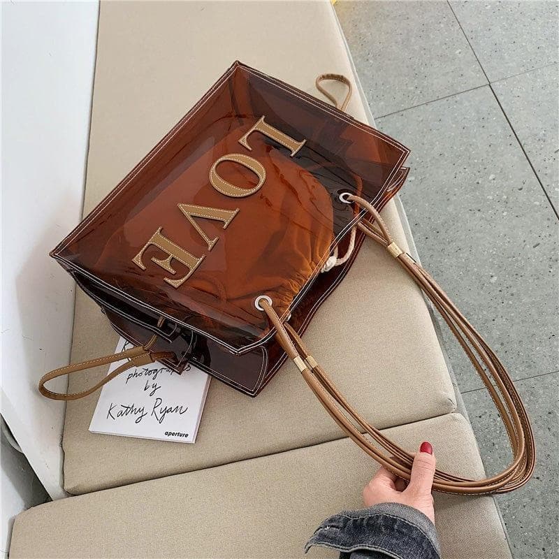 Fashion Women Transparent PVC Shoulder Bags Jelly Candy Color Large Capacity Handbag Tote Brown - Premium Handbags from Anself - Just $37.49! Shop now at Handbags Specialist Headquarter