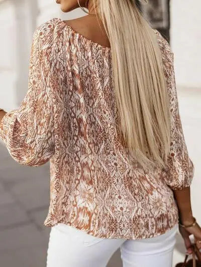 Printed Boat Neck Balloon Sleeve Blouse.