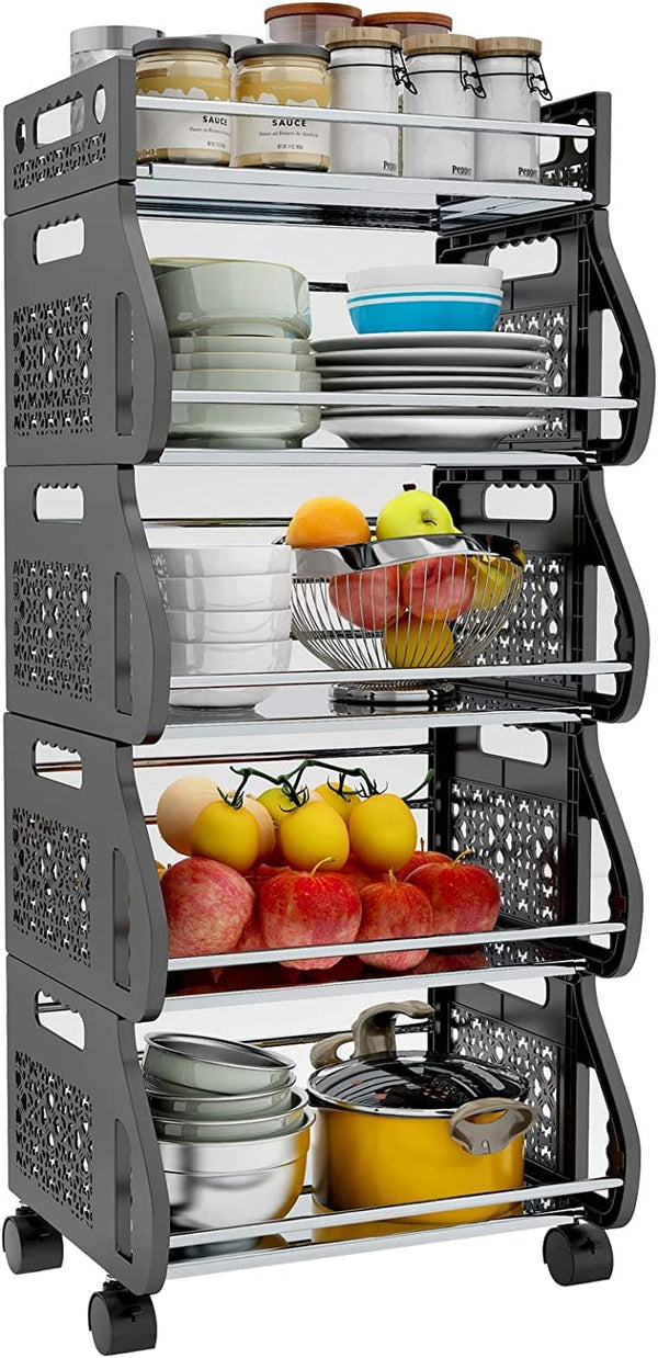Fruit Vegetable Basket, Baboies 5 Tier Stackable Storage Baskets, Organizer Cart with Wheels, Shelf Rack for Kitchen, Pantry, Produce, Onion, Potato - Premium CARTS from Brand: Baboies - Just $77.99! Shop now at Handbags Specialist Headquarter