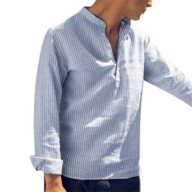 Helisopus New Fashion Spring Summer Casual Men's Shirt Cotton Long Sleeve Striped Slim Fit Stand Collar Shirts S-5XL - Premium MEN T-SHIRT from eprolo - Just $26.04! Shop now at Handbags Specialist Headquarter